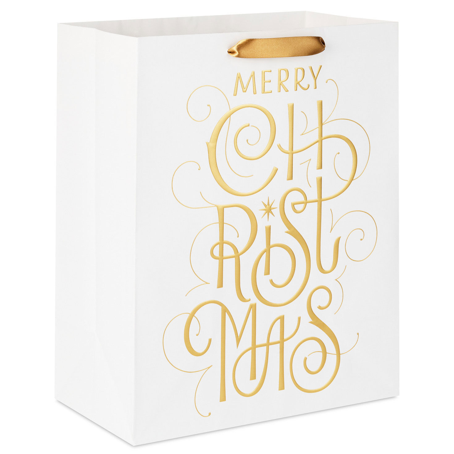 13" Merry Christmas Gold Calligraphy on White Large Gift Bag