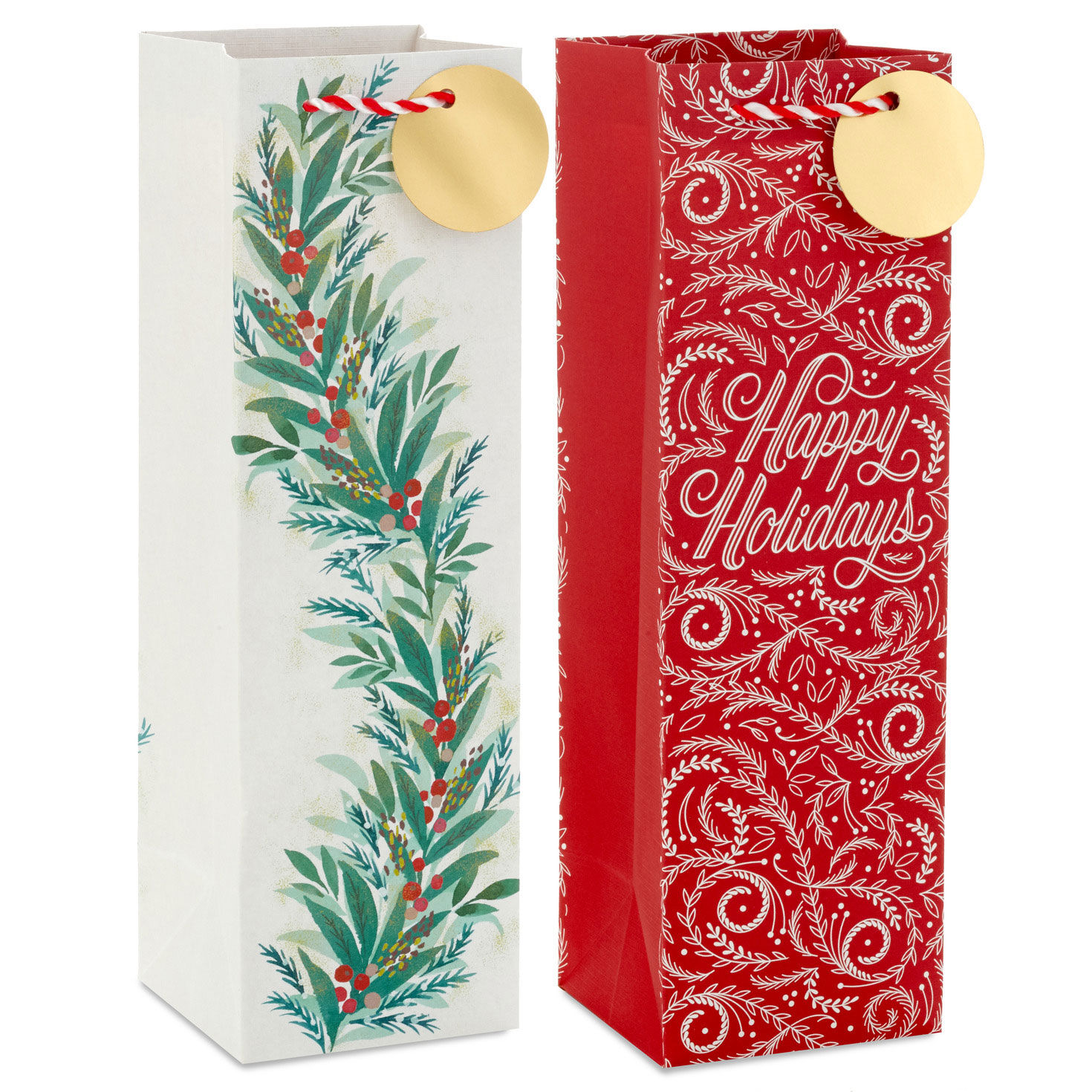 13" Happy Holidays and Christmas Greenery 2-Pack Wine Gift Bags for only USD 6.79 | Hallmark