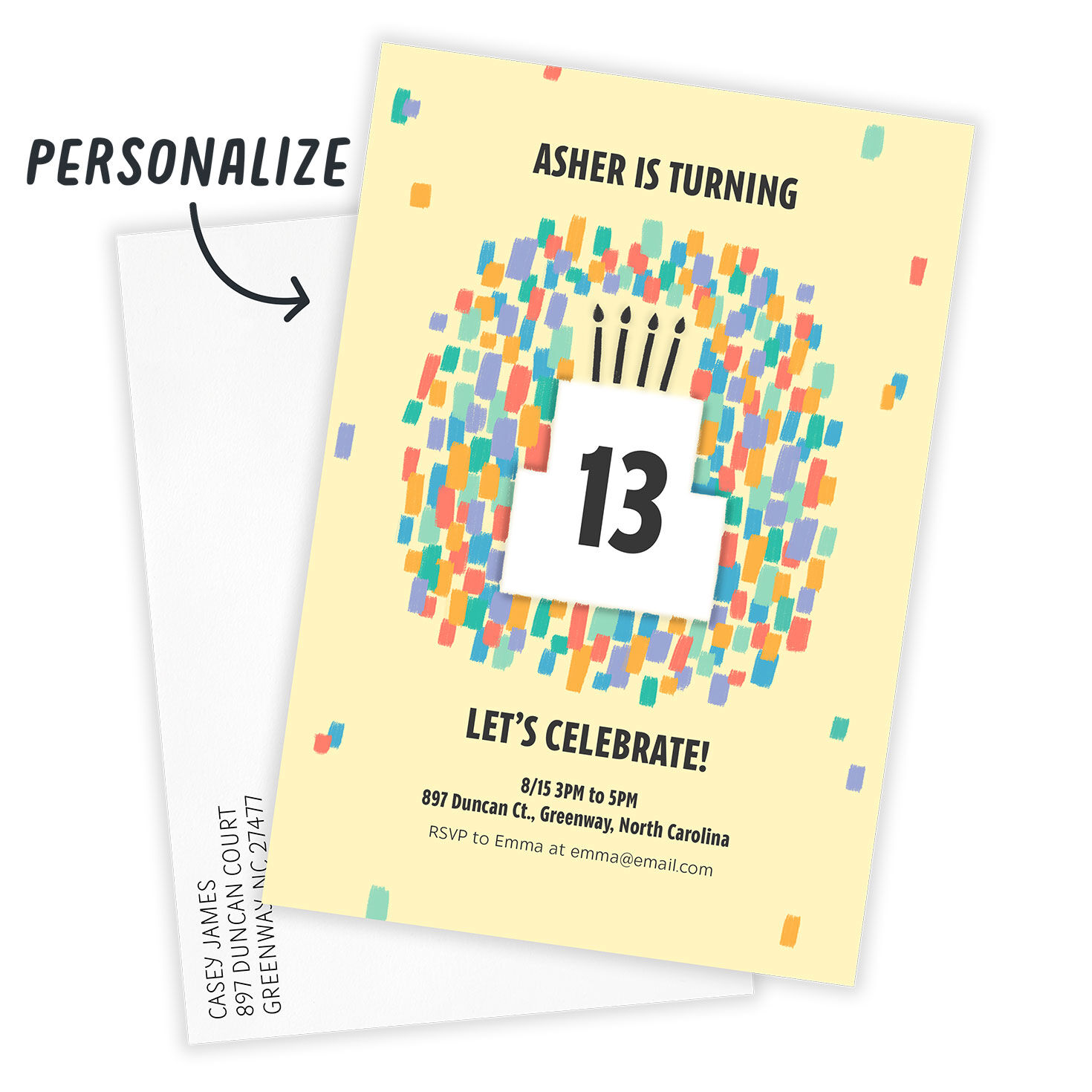 Abstract Confetti Cake Personalized Party Invitation Card with Envelope indicating personalization image number 2