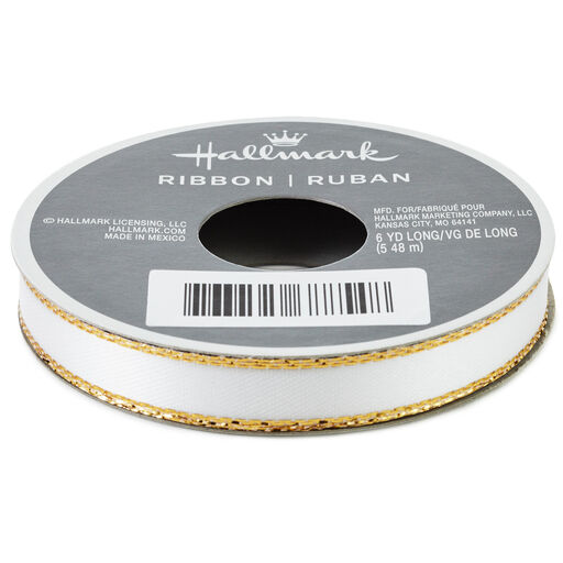 White 0.3" Satin Ribbon With Gold Edges, 18', 