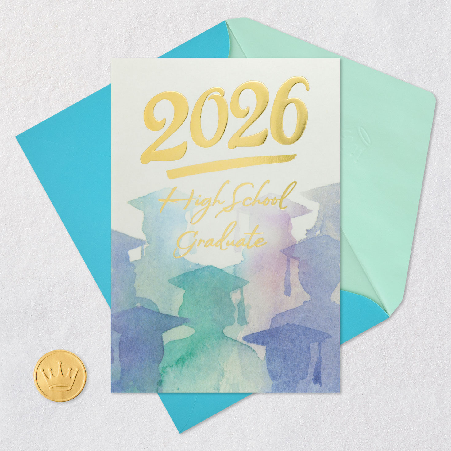 Pink, Green and Blue Watercolor Grads Graduation Card Card Front with Envelope and Gold Seal image number 5