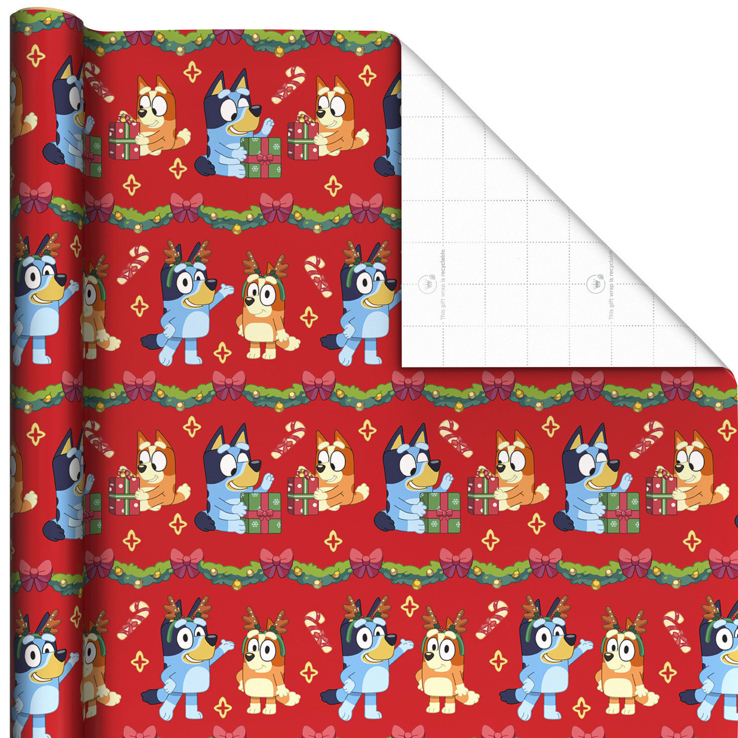 Bluey and Bingo on Red Christmas Wrapping Paper Roll, 25 sq. ft.