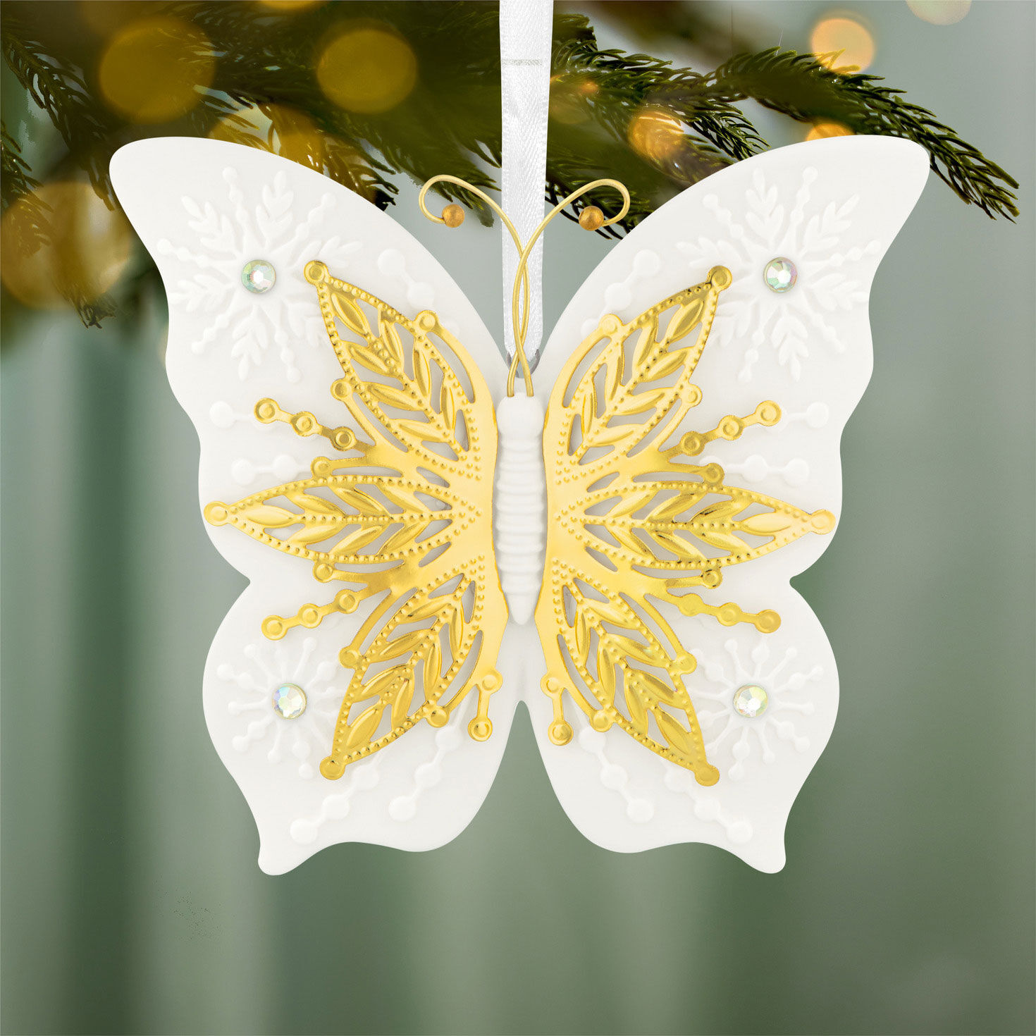 White Ceramic With Gold Butterfly Keepsake Ornament hanging on tree image number 2