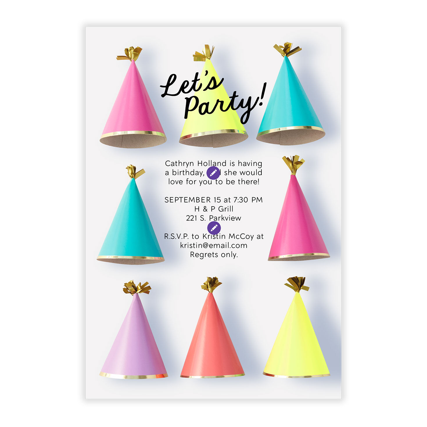 Colored Party Hats Personalized Party Invitation Card Front indicating personalization image number 5