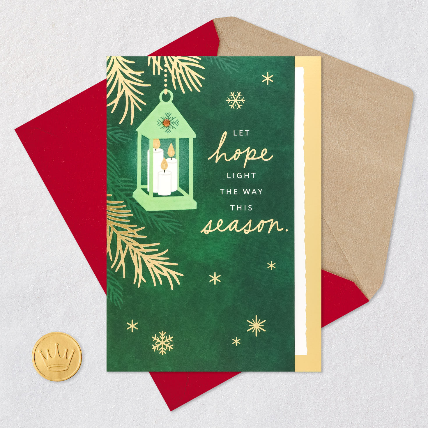 Green Lantern with Gold Snowflakes Christmas Card Card Front with Envelope and Gold Seal image number 5
