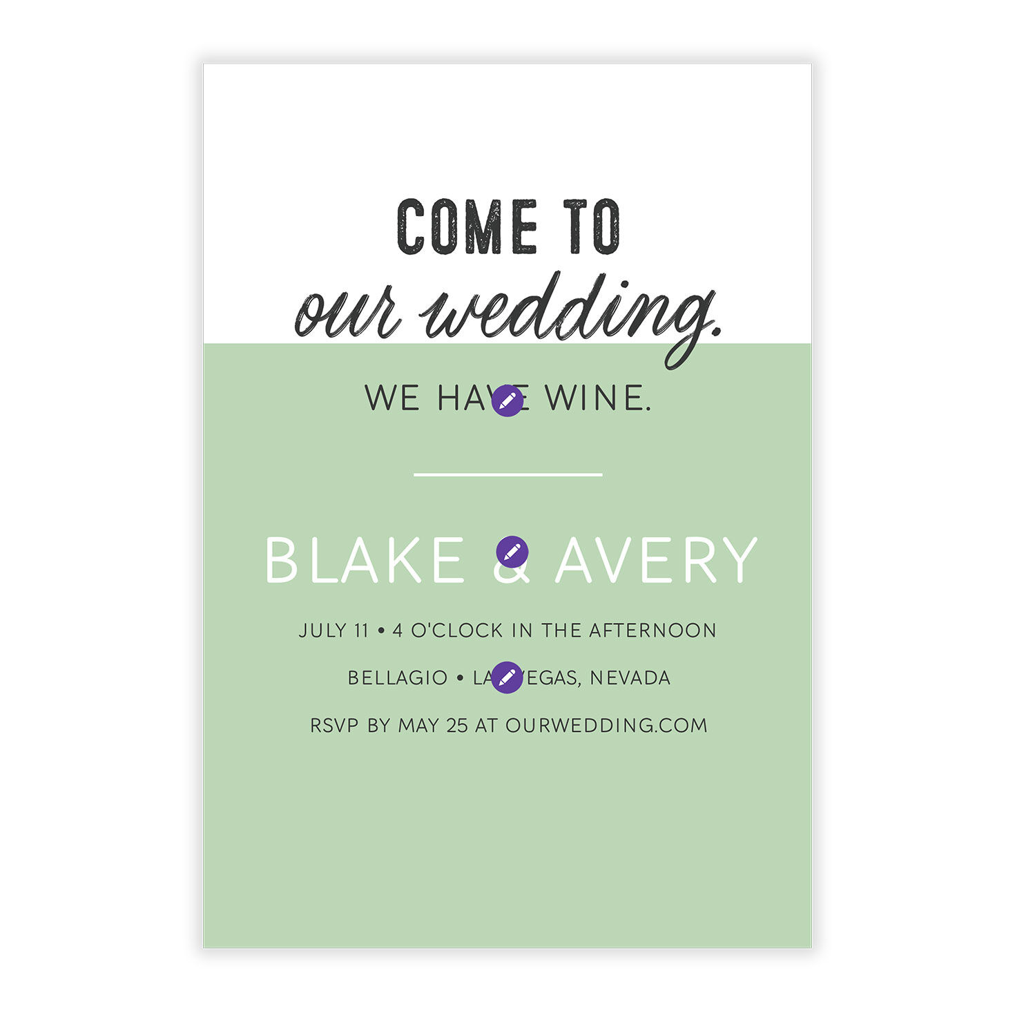 We Have Wine Green Personalized Wedding Invitation Card Front indicating personalization image number 5