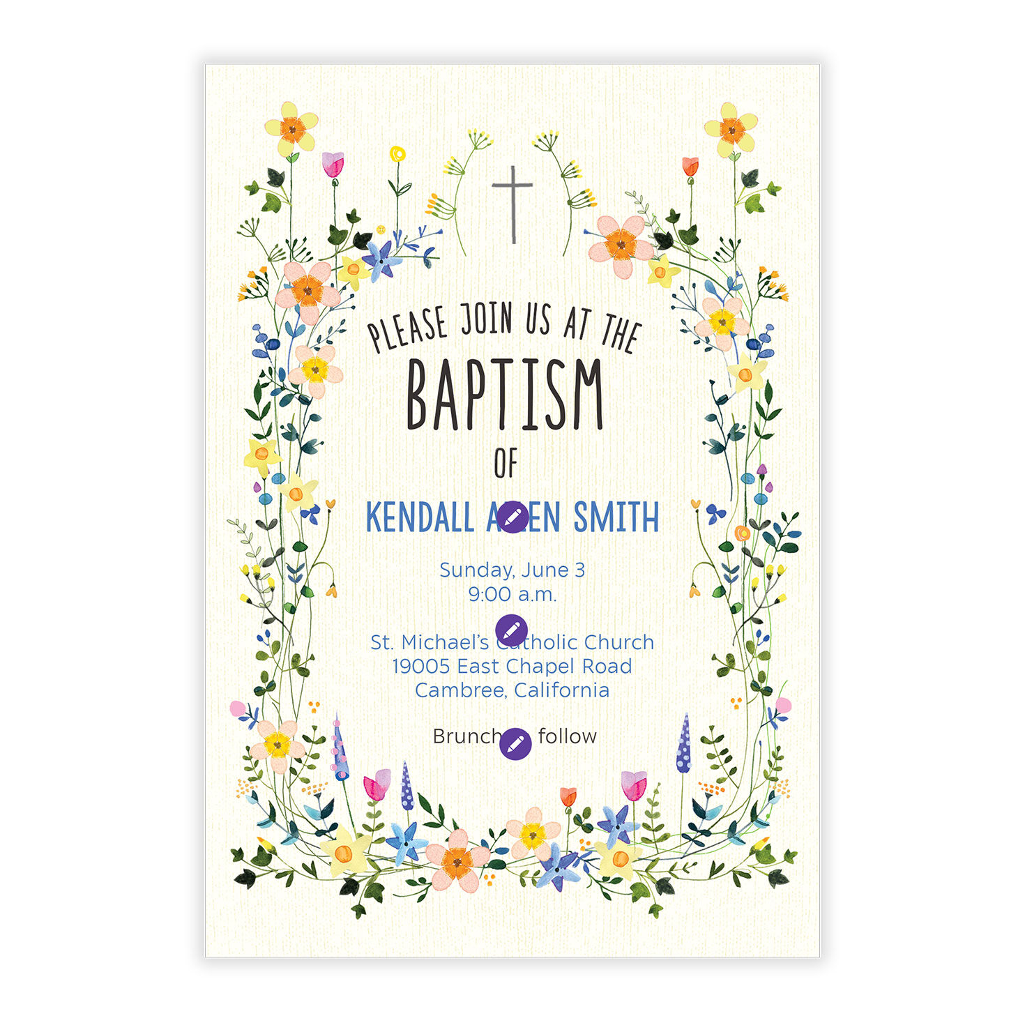 Floral Border Personalized Baptism Invitation Card Front indicating personalization image number 5