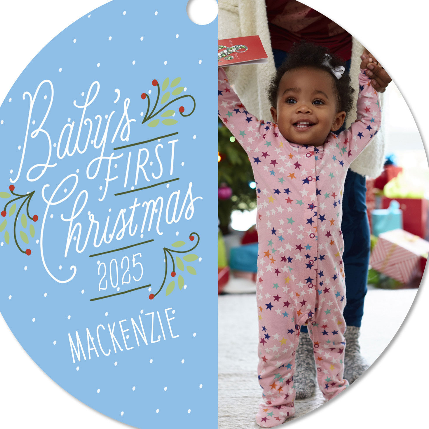 Baby's First Christmas Round Metal Personalized Ornament, Custom Vertical Photo and Text, , large image number 4