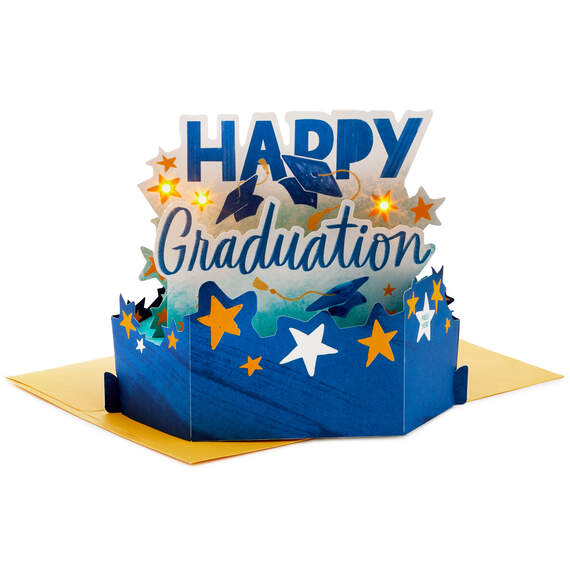 Happy Graduation Caps and Stars Musical 3D Pop-Up Graduation Card With Light