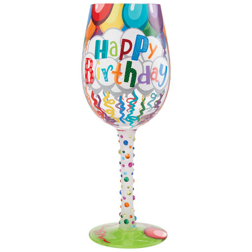 Lolita Happy Birthday Balloons and Streamers Handpainted Wine Glass, 15 oz., 