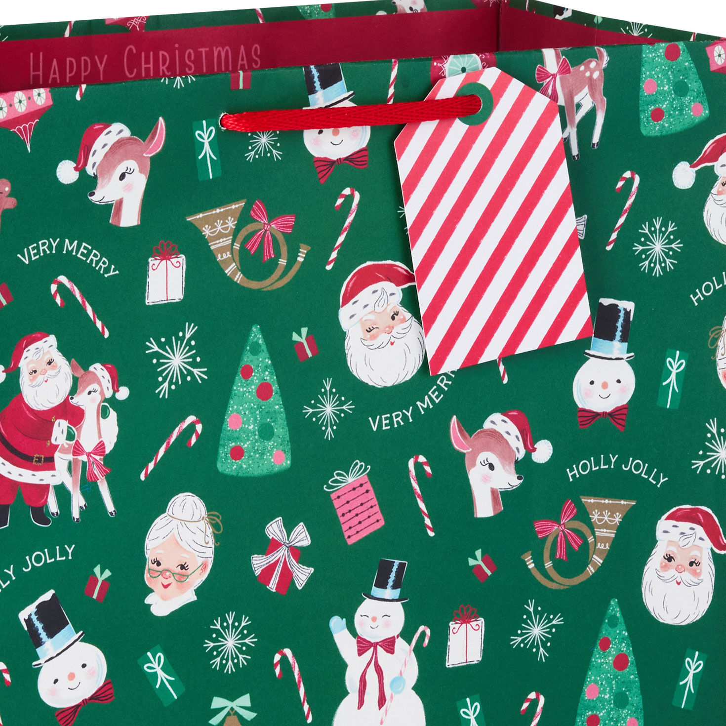 Vintage Icons on Green Large Christmas Gift Bag Handle Detail image number 4