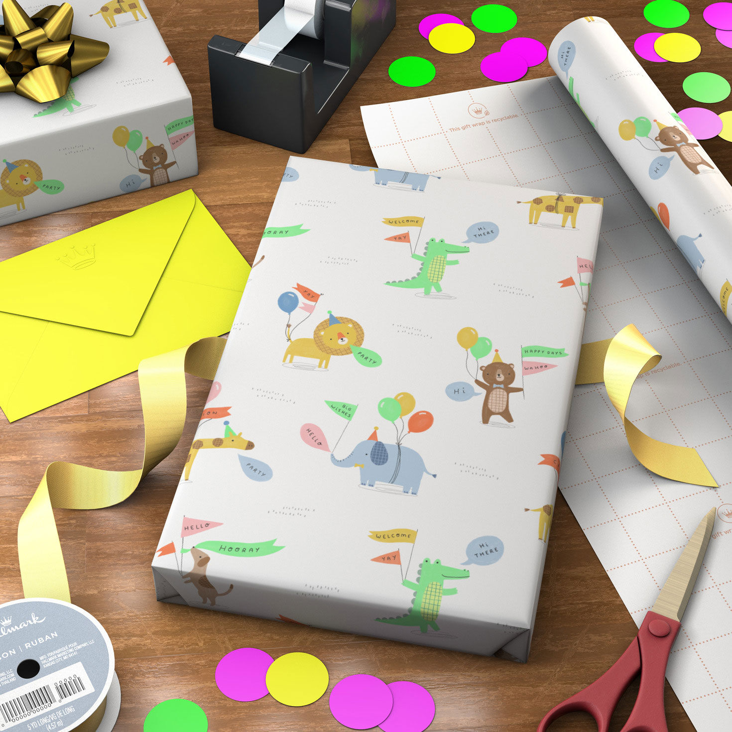 Baby Animals and Balloons on White Gift Wrap Roll Wrapped pkg image number 3