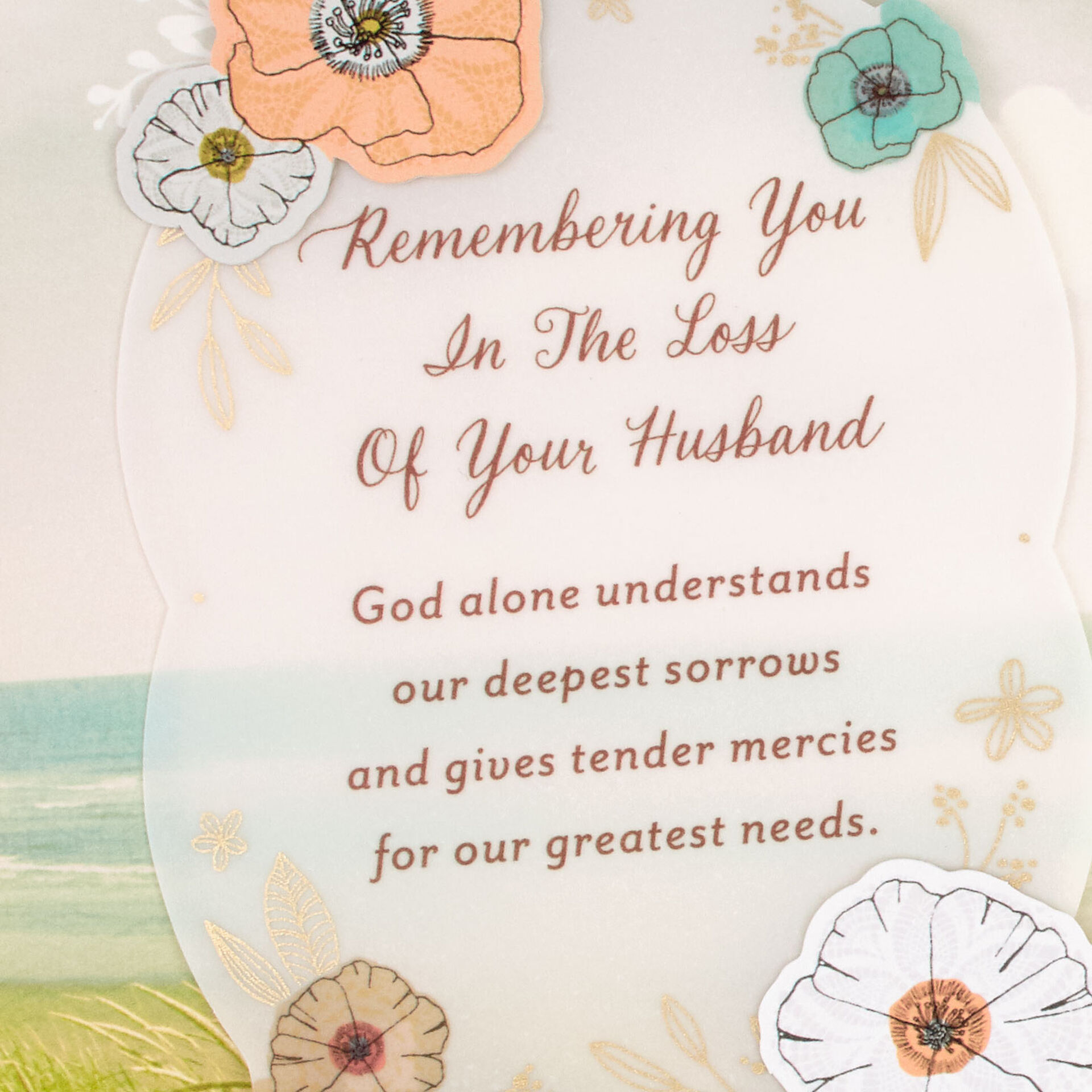 Seashore With Flowers Religious Sympathy Card for Loss of Husband