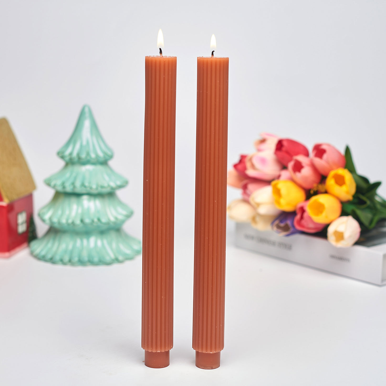 Orange Ridged Taper Candle Set in use image number 3