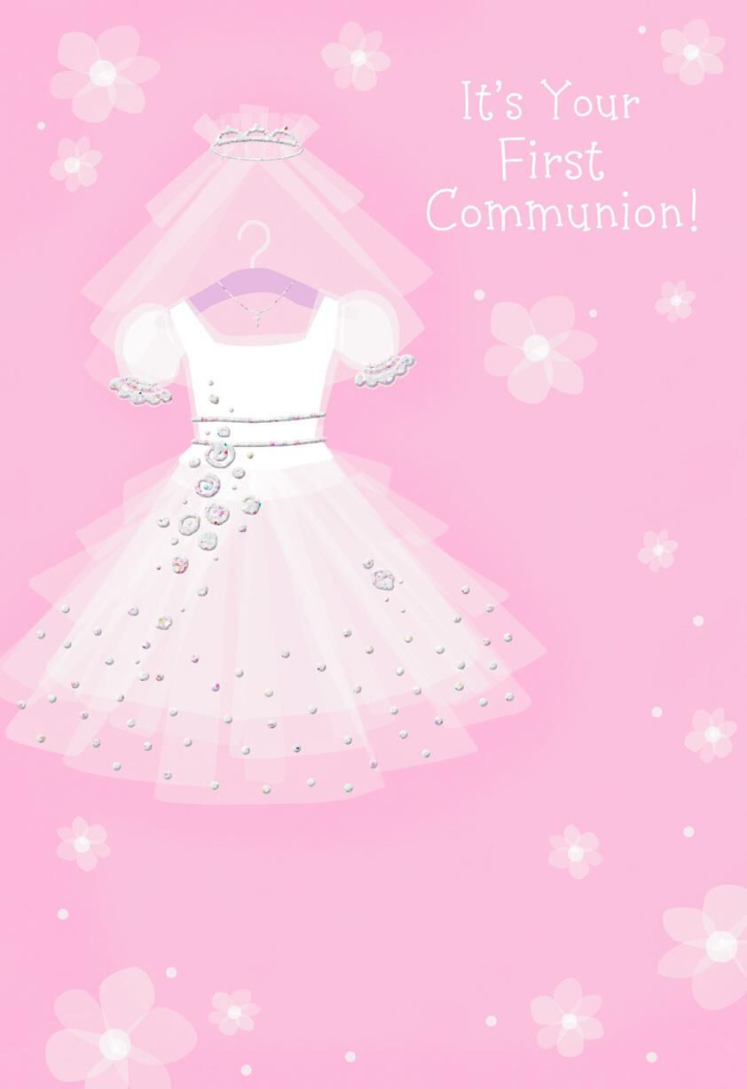 White Dress With Veil First Communion Card