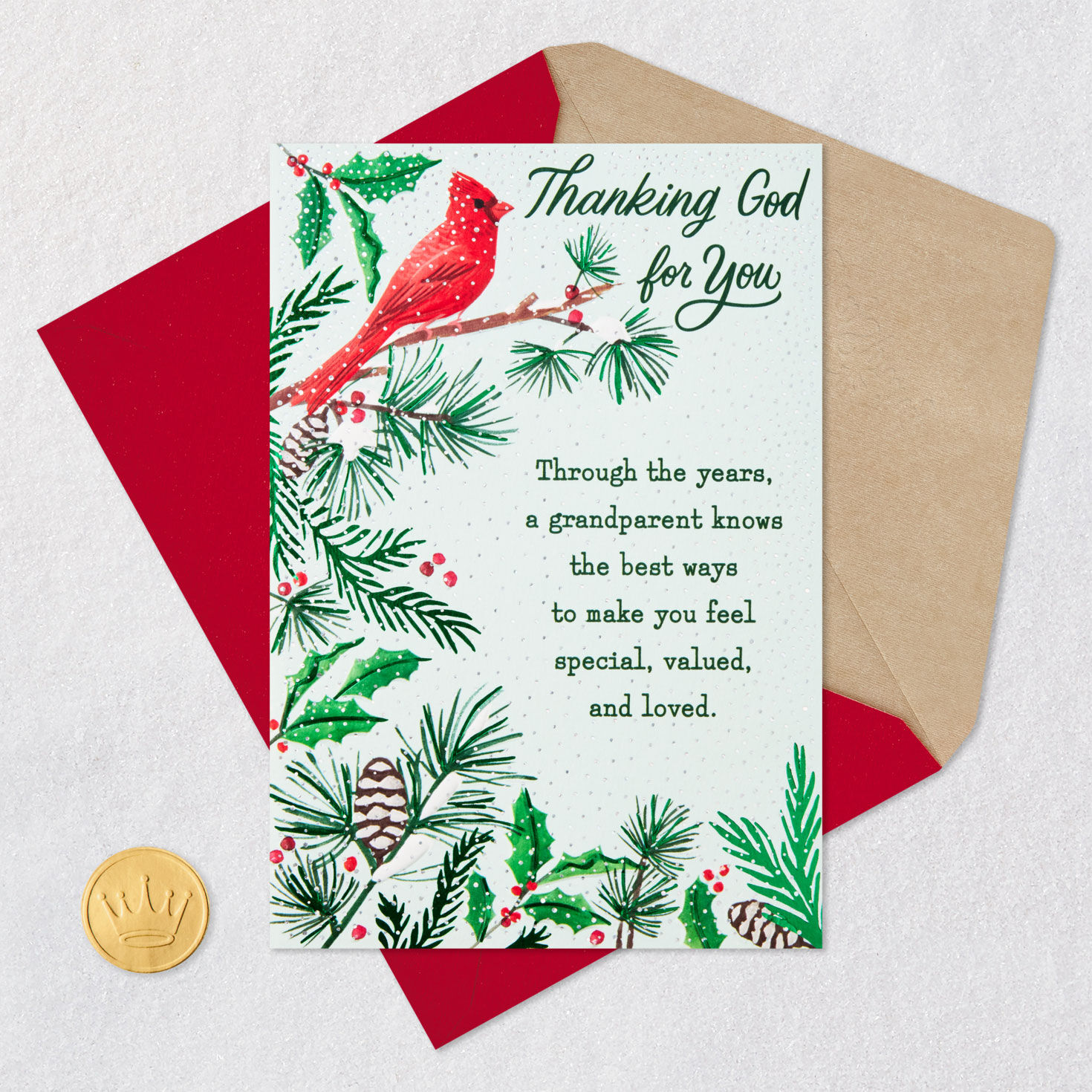 Cardinal on Evergreen Branch Religious Christmas Card Card Front with Envelope and Gold Seal image number 6