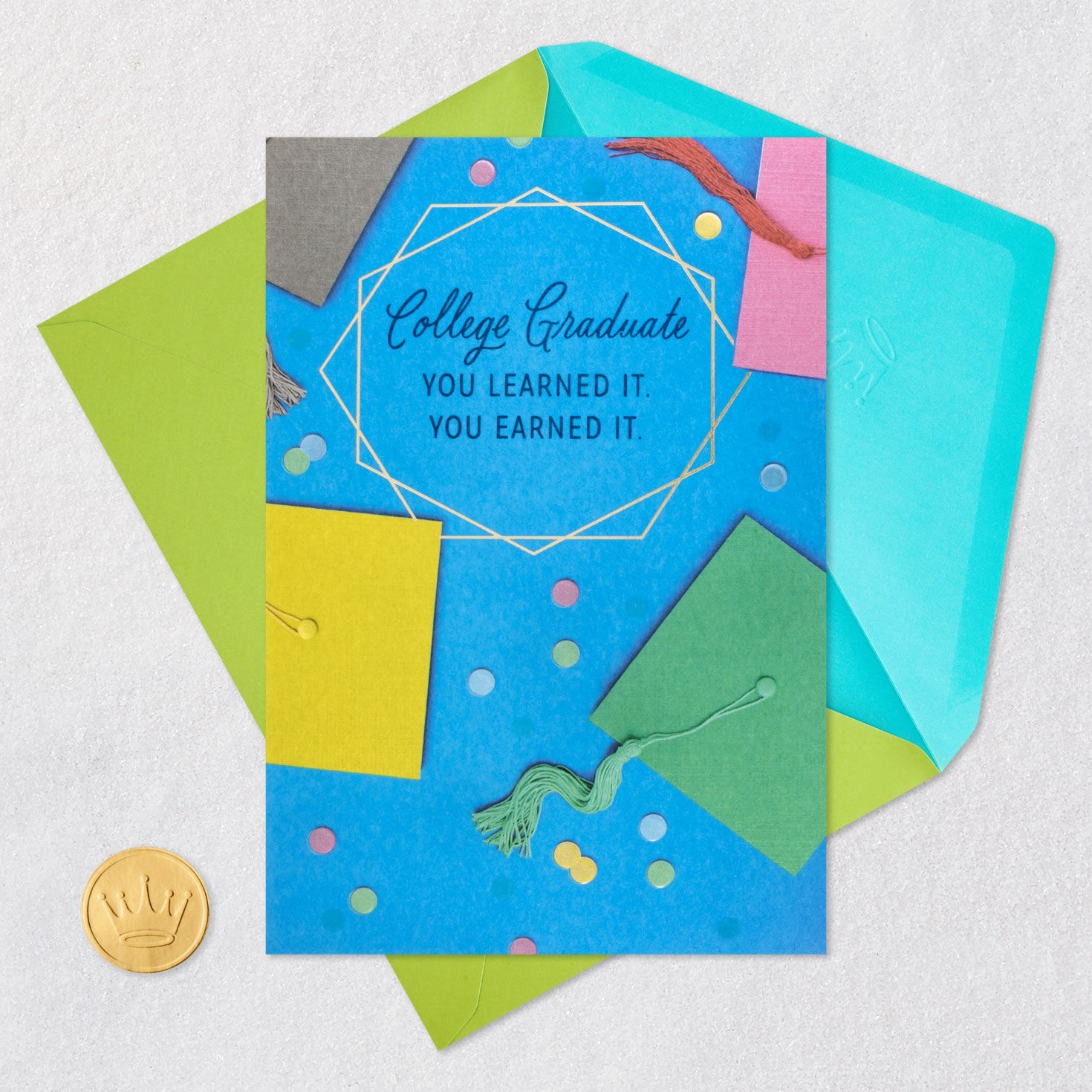 Colorful Grad Hats College Graduation Card Card Front with Envelope and Gold Seal image number 5