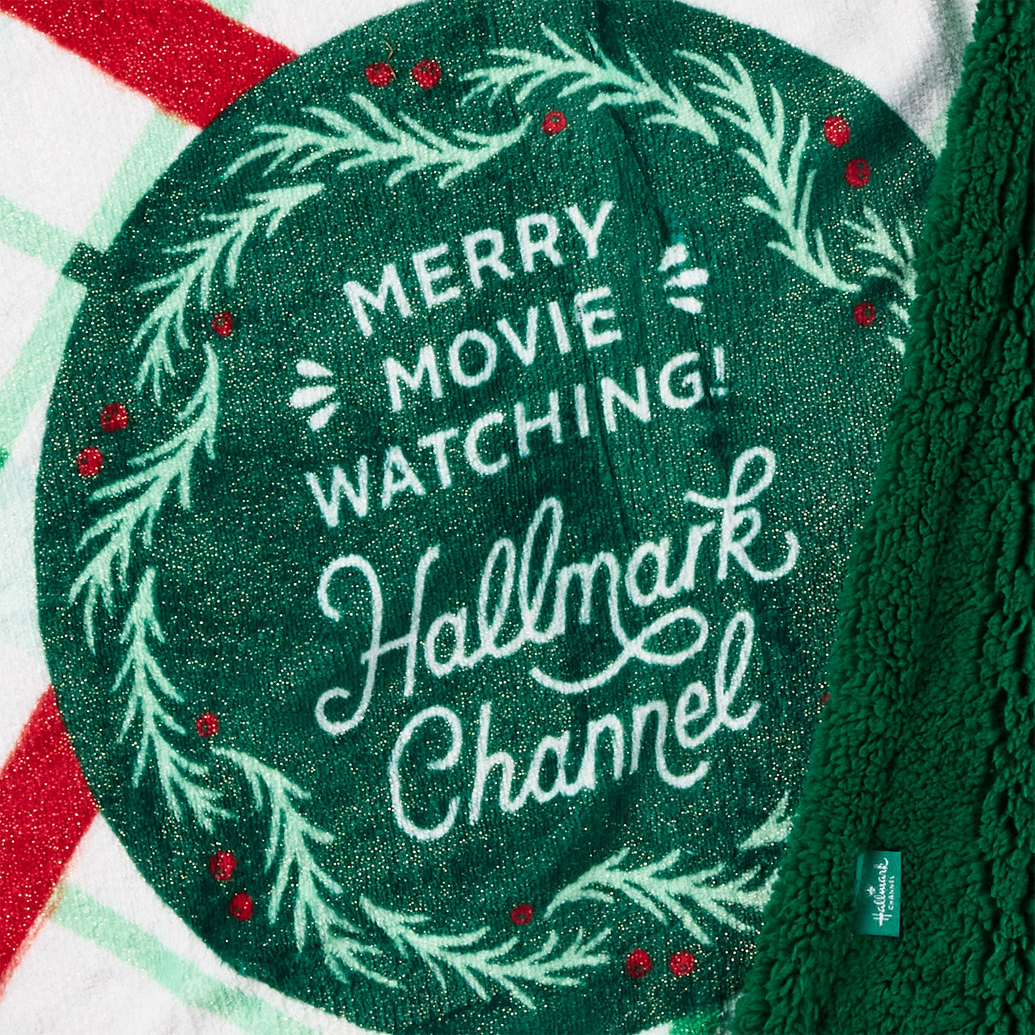Red and Green Plaid Hallmark Channel Plush Blanket upclose detail image number 3