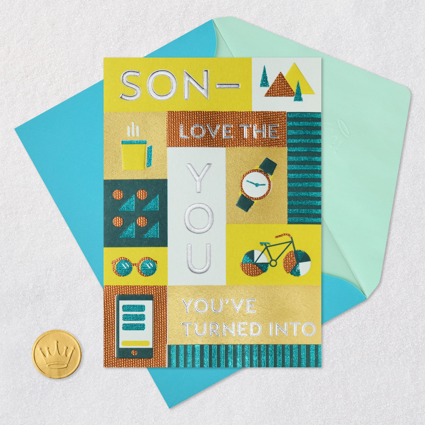 Colorful Blocks and Icons Birthday Card for Son Card Front with Envelope and Gold Seal image number 6
