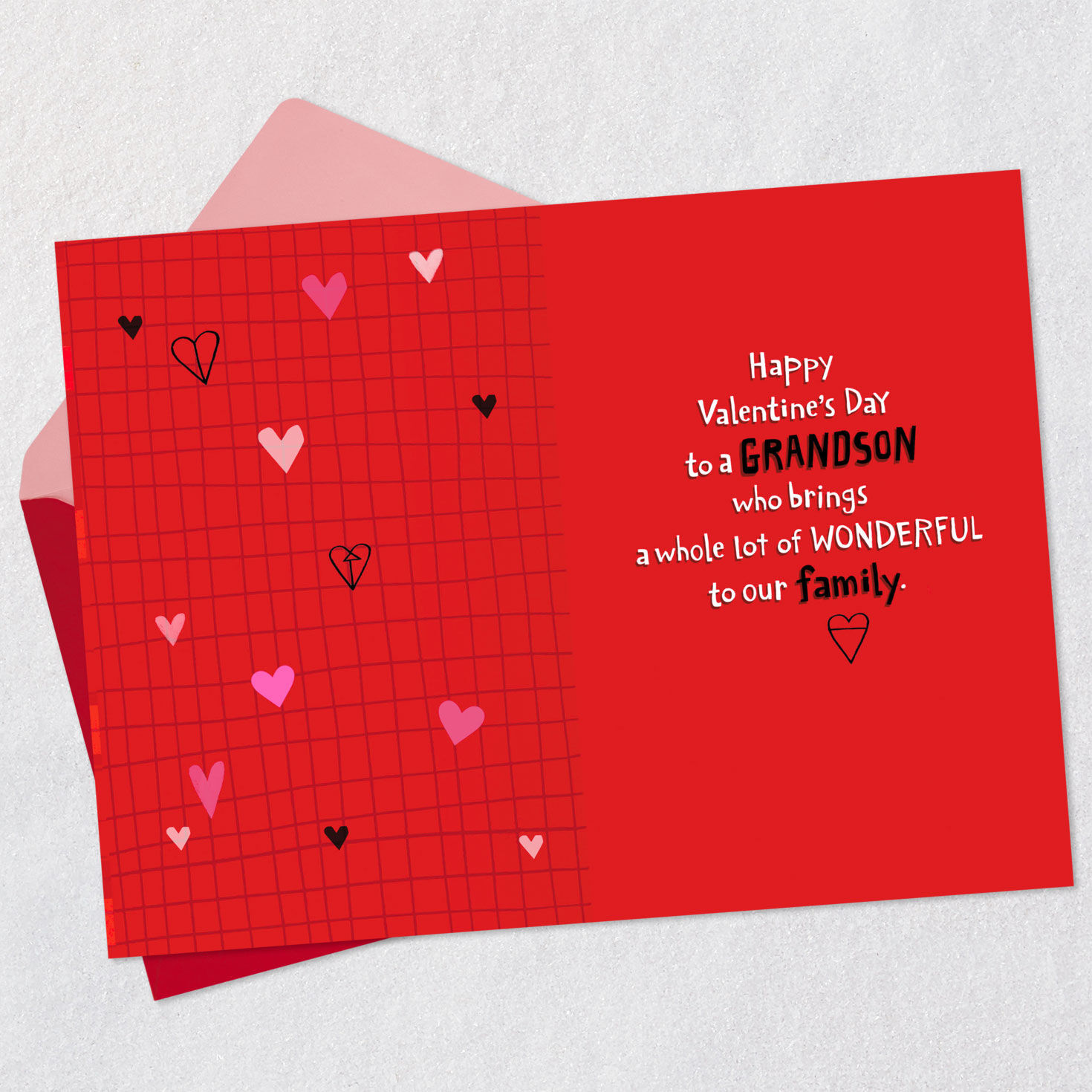Hearts on Red Grid Grandson Valentine's Day Card Open card with envelope image number 3