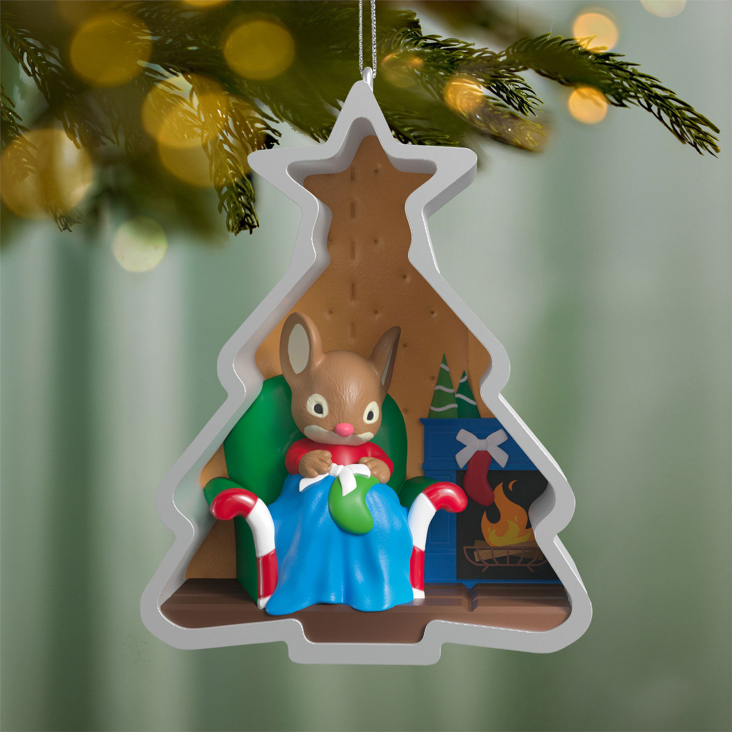 Mouse Sewing in Cookie Cutter Keepsake Ornament hanging on tree image number 2