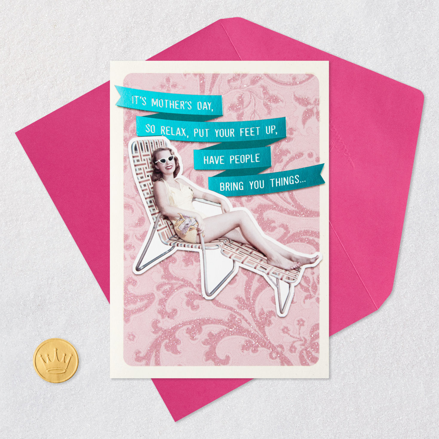 Woman in Retro Lawn Chair Funny Mother's Day Card Card Front with Envelope and Gold Seal image number 5