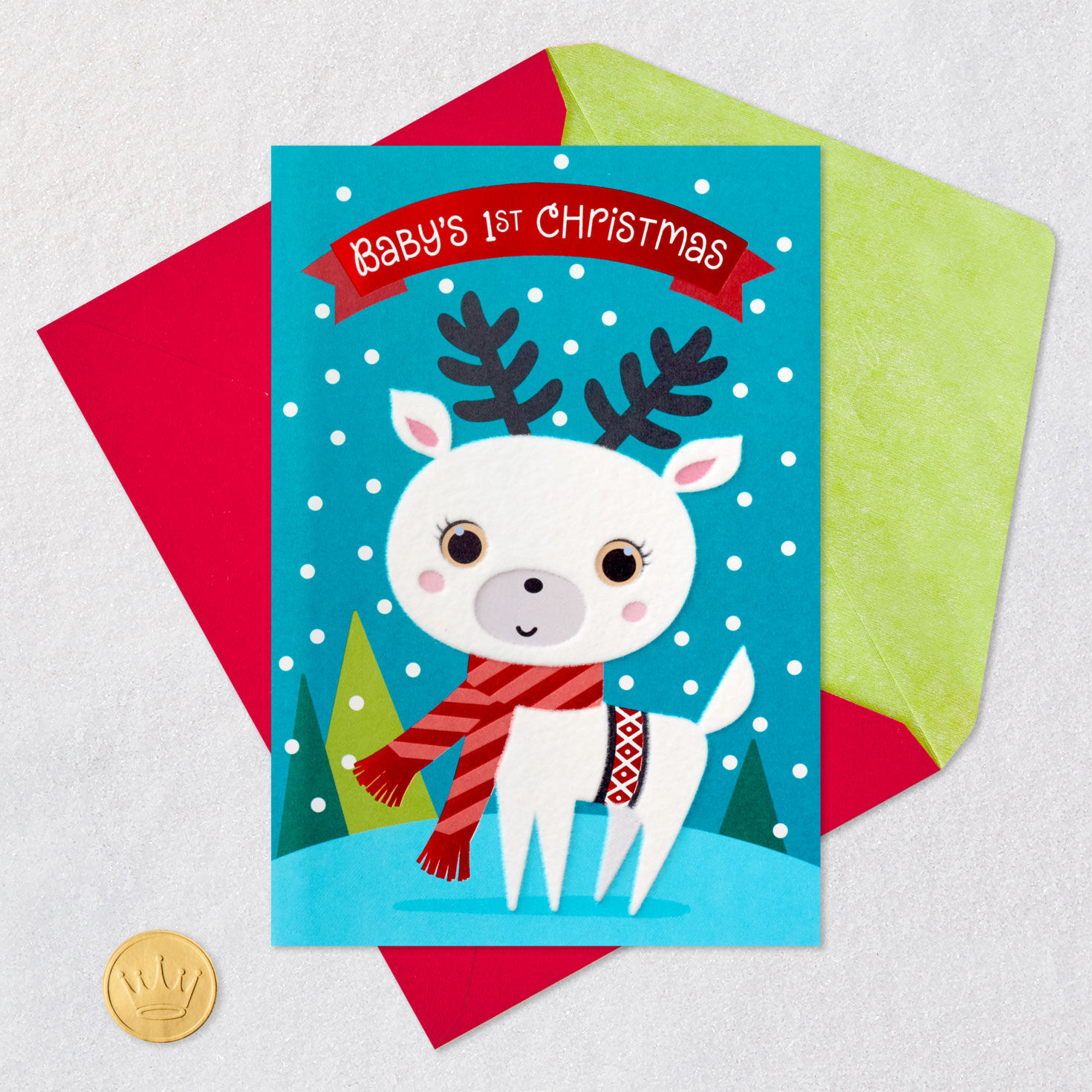 White Deer in Scarf Baby's First Christmas Card Card Front with Envelope and Gold Seal image number 6