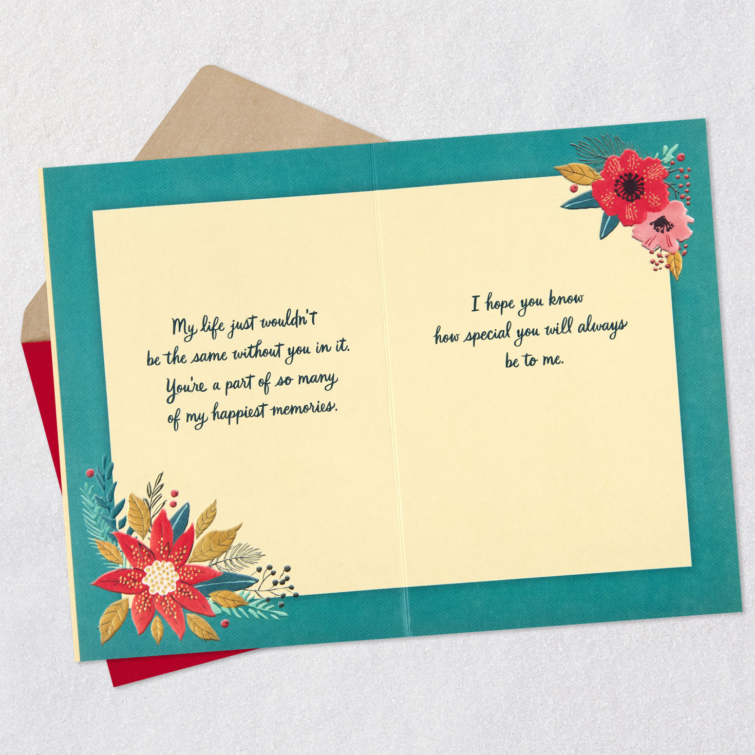 Poinsettia and Pine Boughs Christmas Card Open card with envelope image number 4