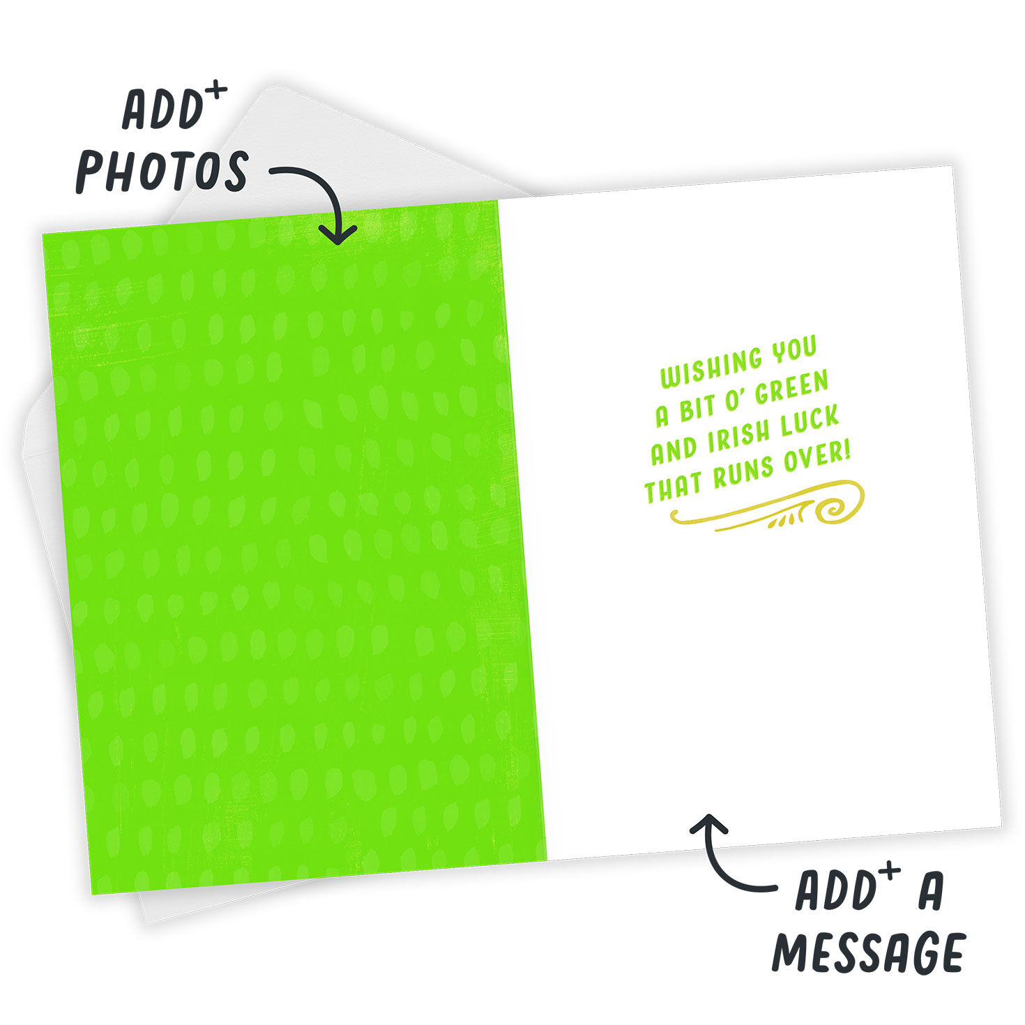 Fun Lettering on Green Personalized St. Pat's Card Open Card with Envelope indicating personalization image number 3