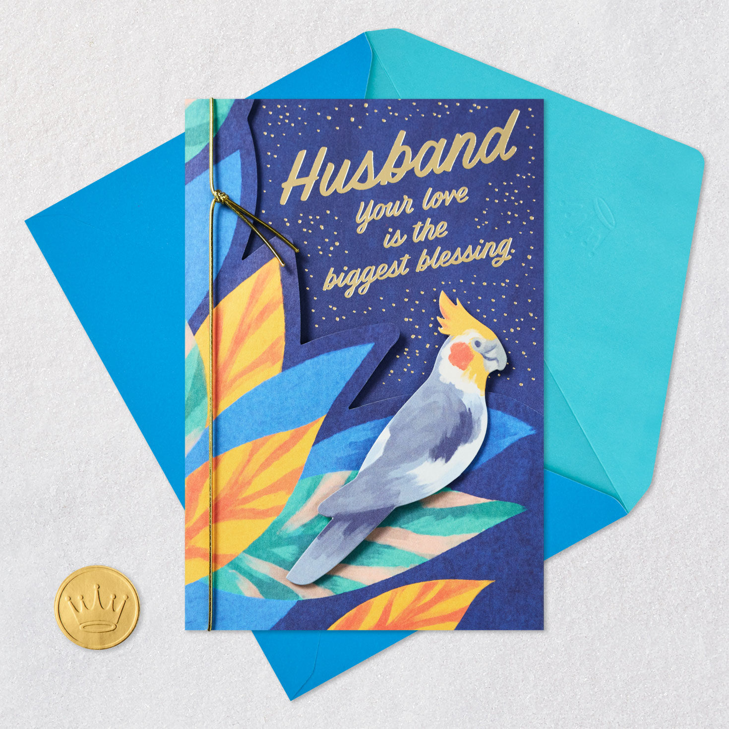Cockatoo Bird on Blue Husband Birthday Card Card Front with Envelope and Gold Seal image number 6