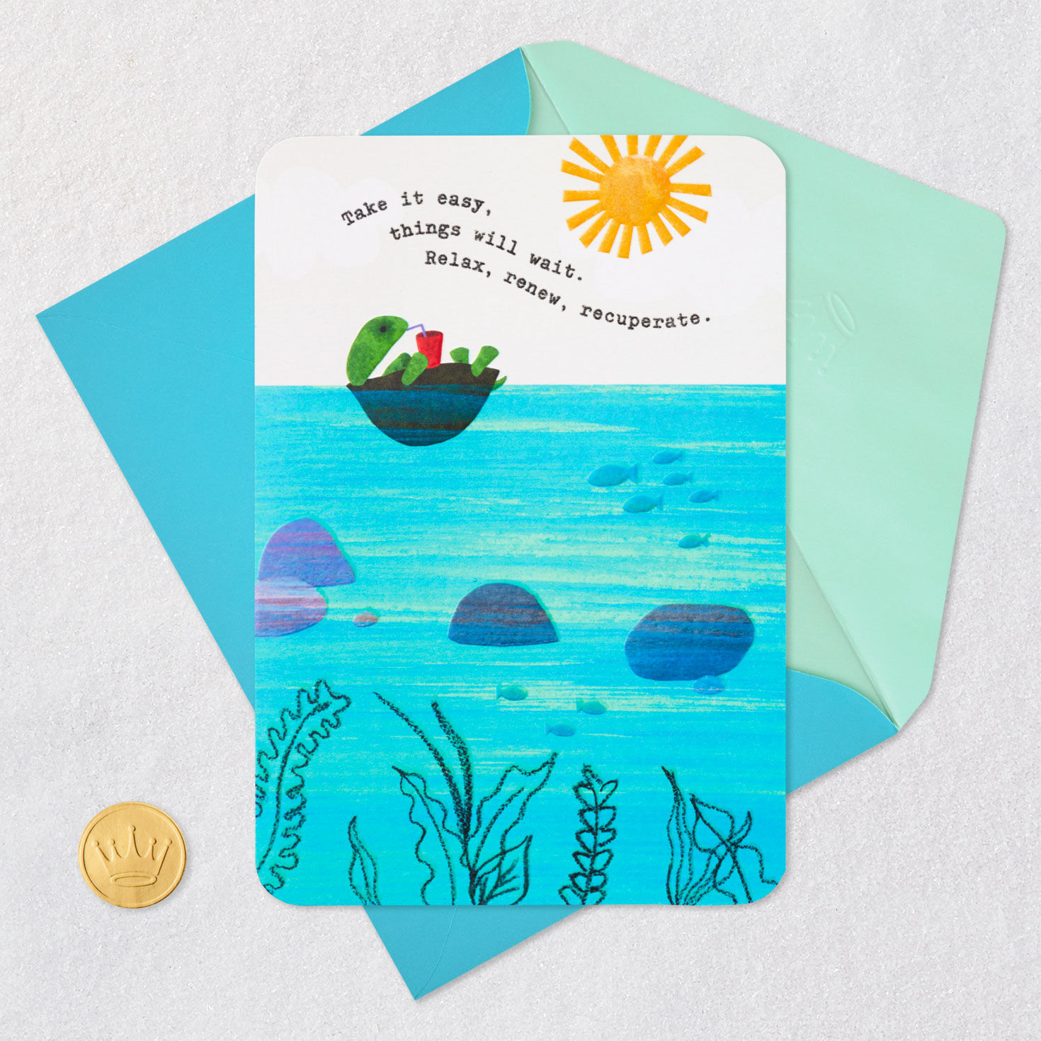 Relaxing Sea Turtle Get Well Soon Card Card Front with Envelope and Gold Seal image number 5
