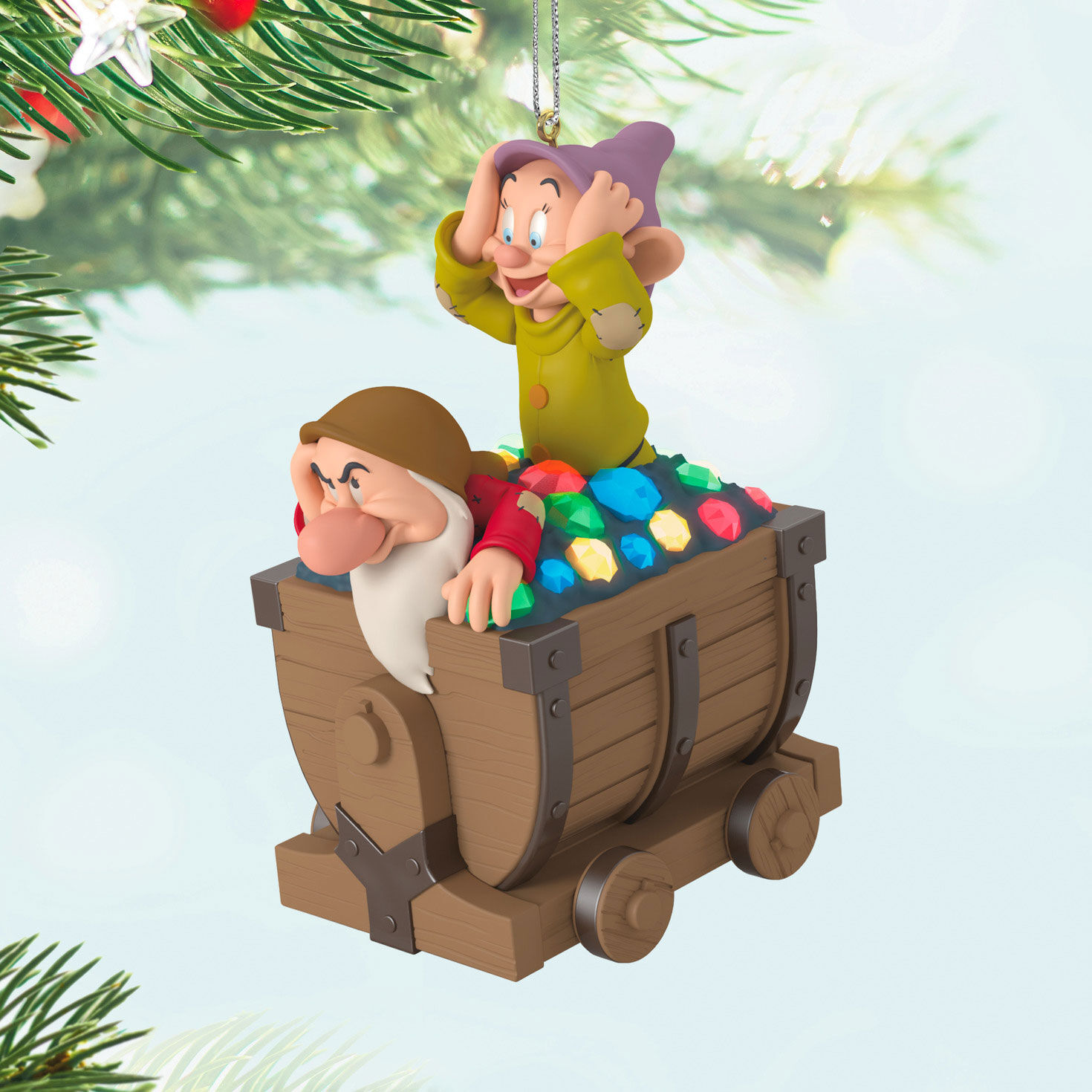 Snow White Dwarfs in Mine Cart Keepsake Ornament hanging on tree image number 2