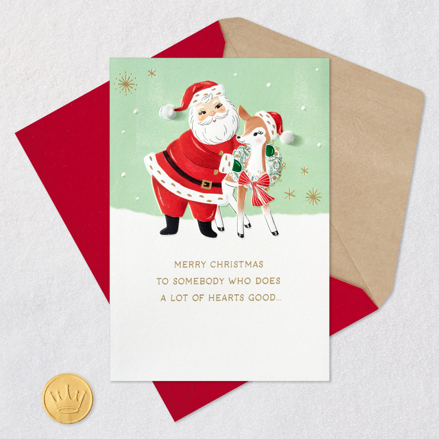 Santa and Reindeer Christmas Card Card Front with Envelope and Gold Seal image number 5