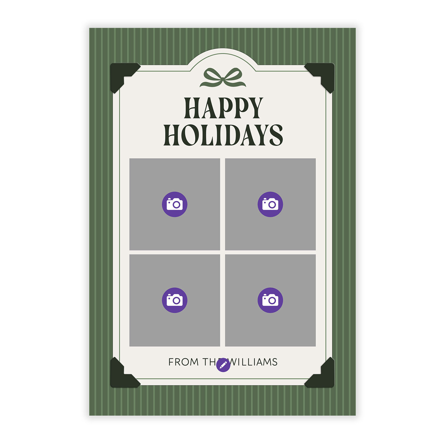 Green Stripes Bow Personalized Holiday Photo Card Card Front indicating personalization image number 5