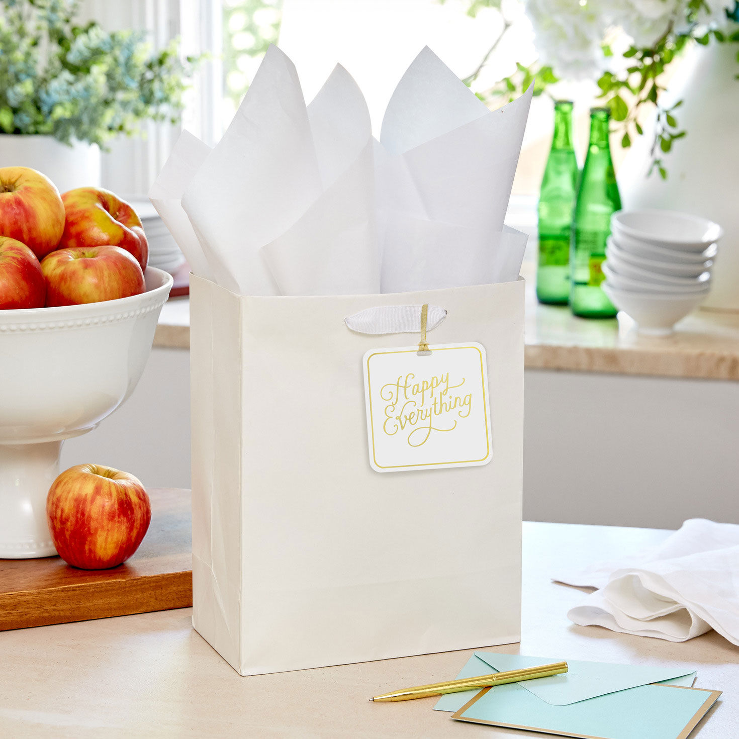Square White Gift Tag With Gold Ribbon Tie in use image number 2