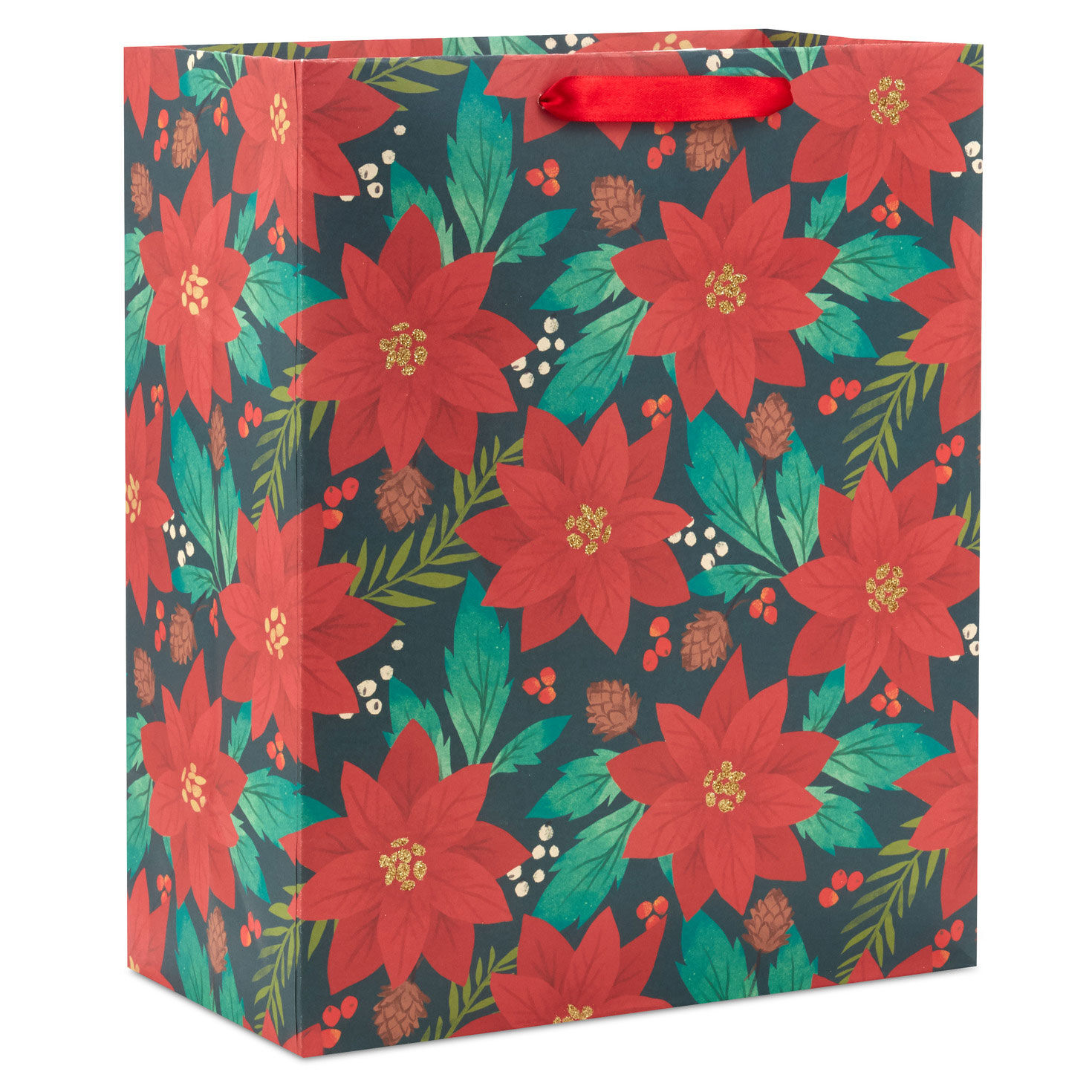13" Red Poinsettias and Pinecones Large Holiday Gift Bag