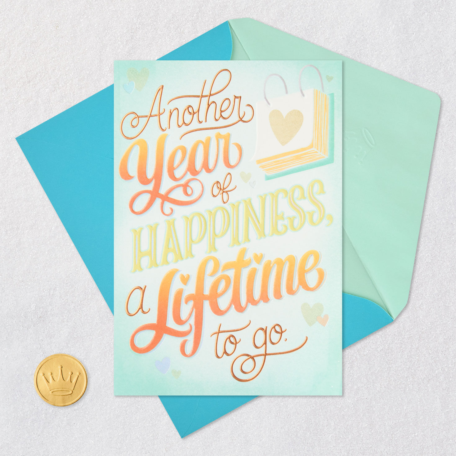 Orange and Yellow Letters with Calendar on Mint Green Anniversary Card  image number 5