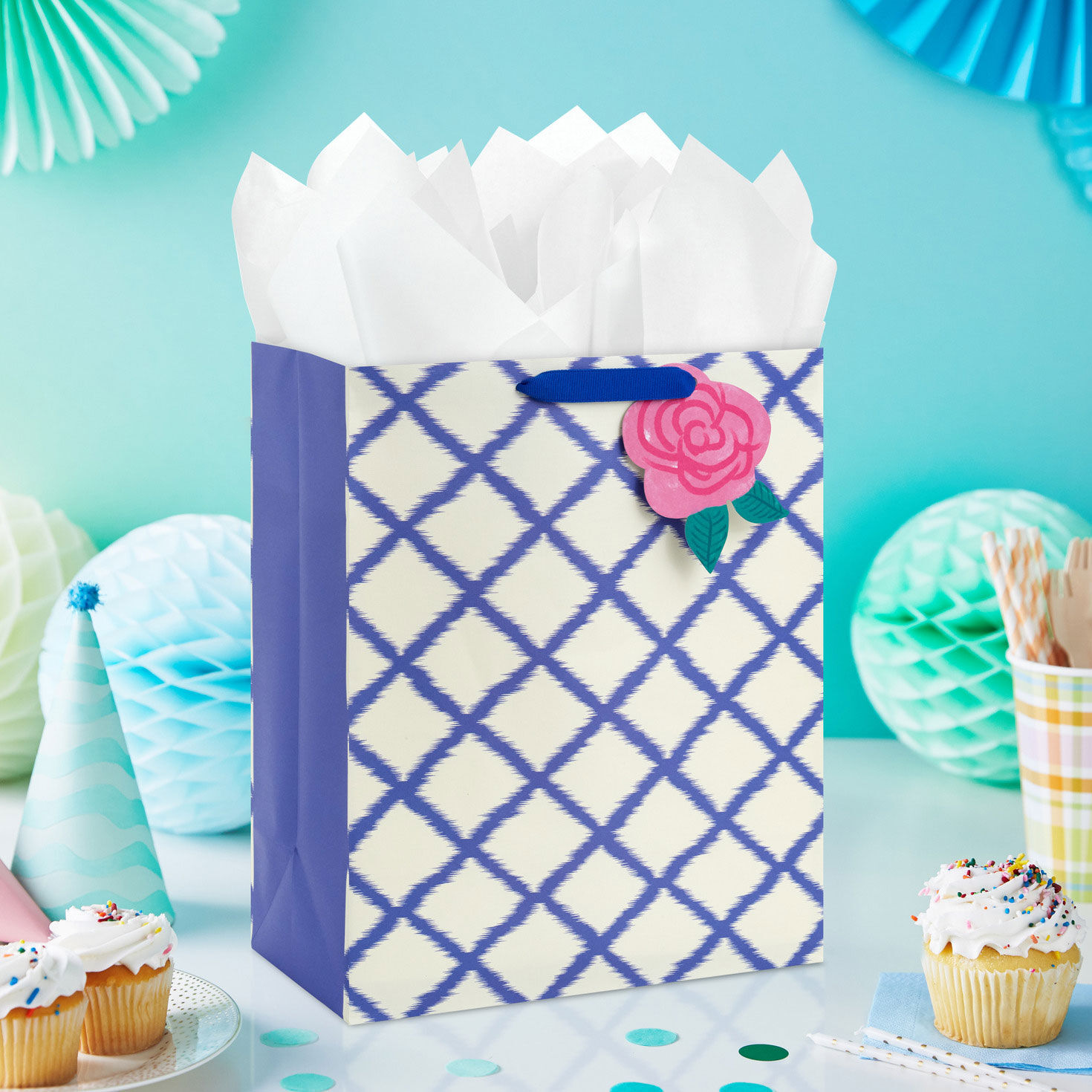 Blue Diamond Pattern Large Gift Bag In use image number 2