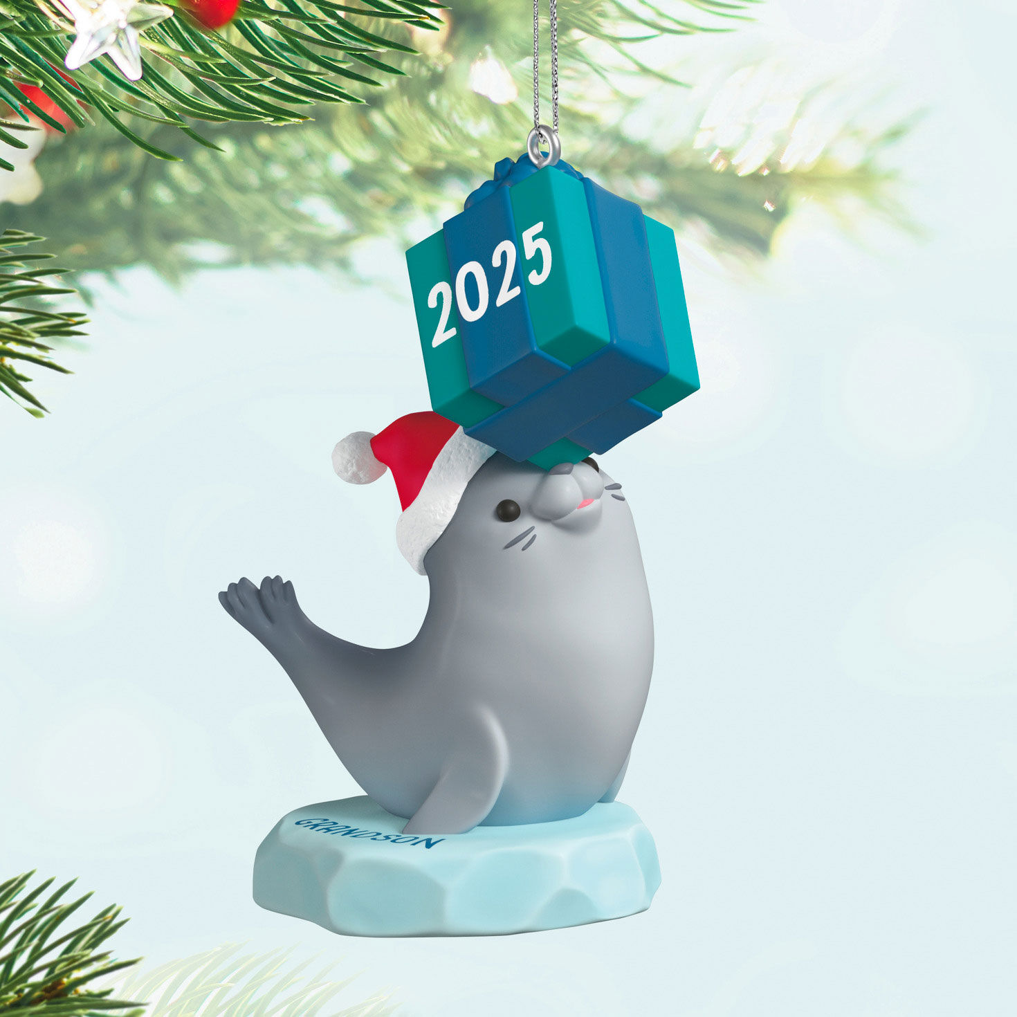 Grandson Seal With Gift Keepsake Ornament Hanging on tree image number 2