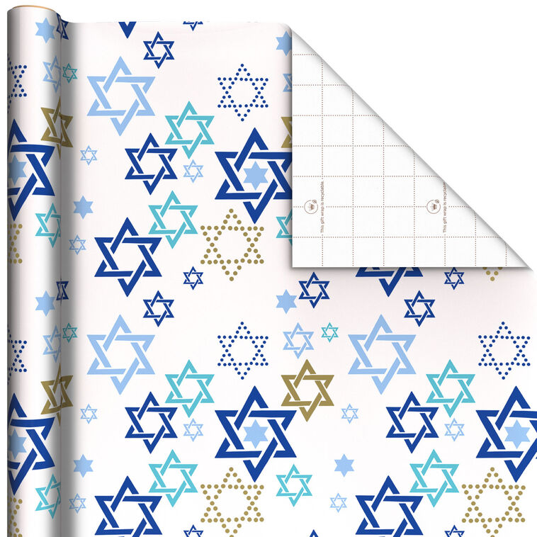 Stars of David on White Hanukkah Wrapping Paper Roll, 35 sq. ft.