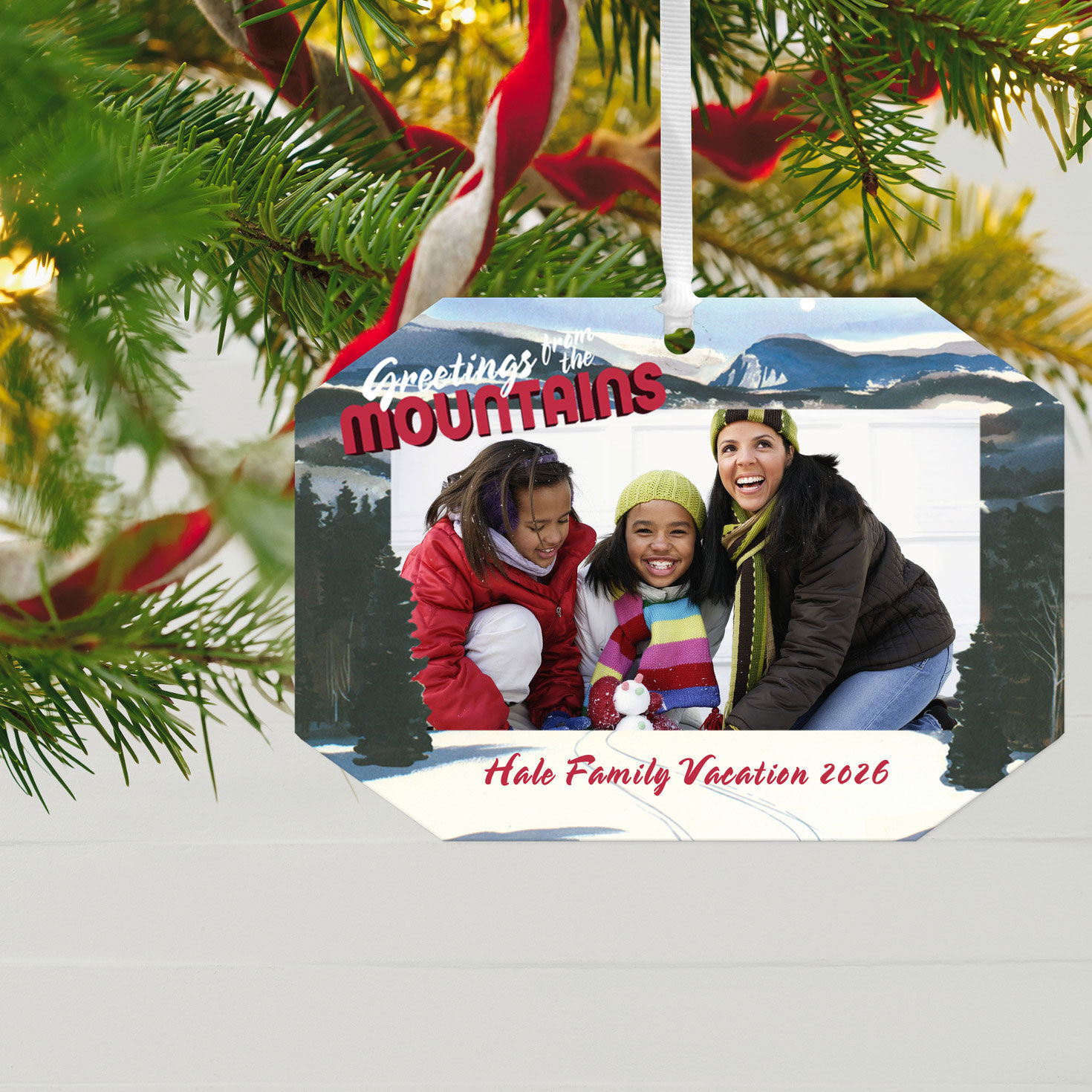 Mountain Vacation Personalized Christmas Ornament hanging on tree image number 2