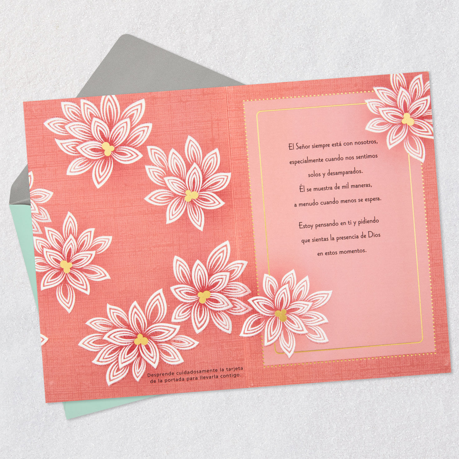 White Flowers on Pink Thinking of You Card in Spanish Open card with envelope image number 4