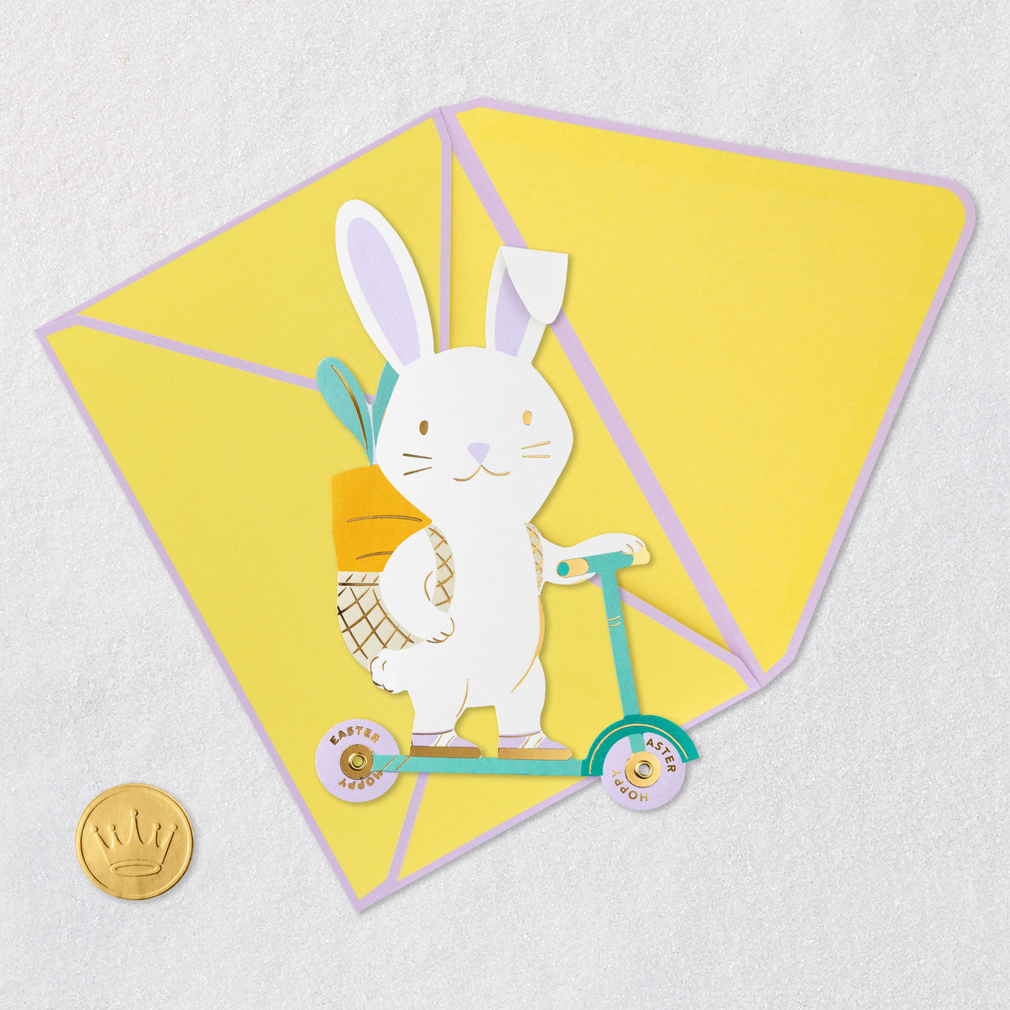 Bunny on Scooter Fun Easter Card Card Front with Envelope and Gold Seal image number 7