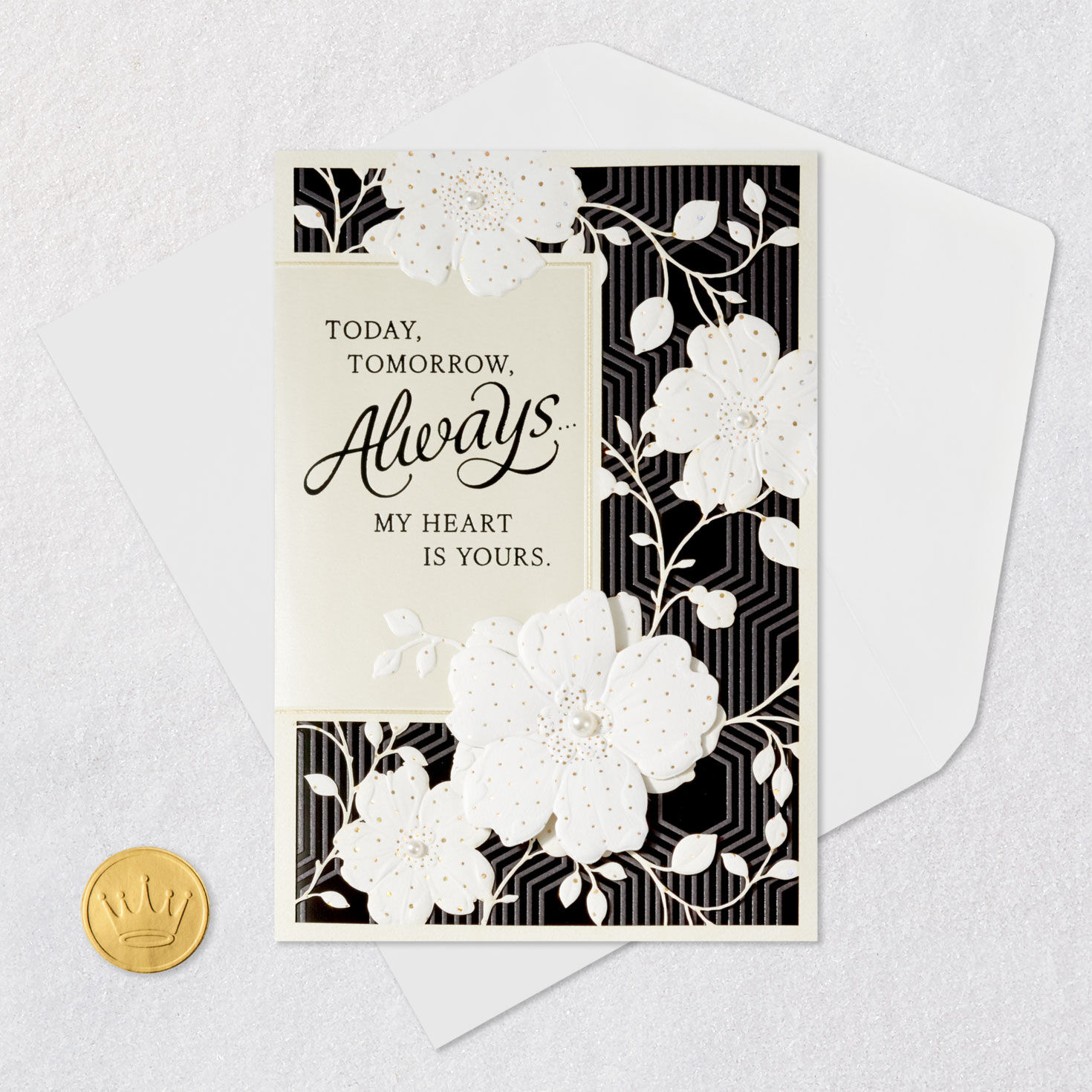 Black and White Flowers Romantic Anniversary Card Card Front with Envelope and Gold Seal image number 7