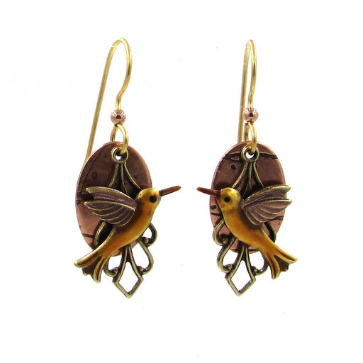 Silver Forest Hummingbird on Layered Mixed Metal Earrings, 