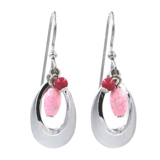 Silver Teardrop and Pink Beads Metal Drop Earrings, 