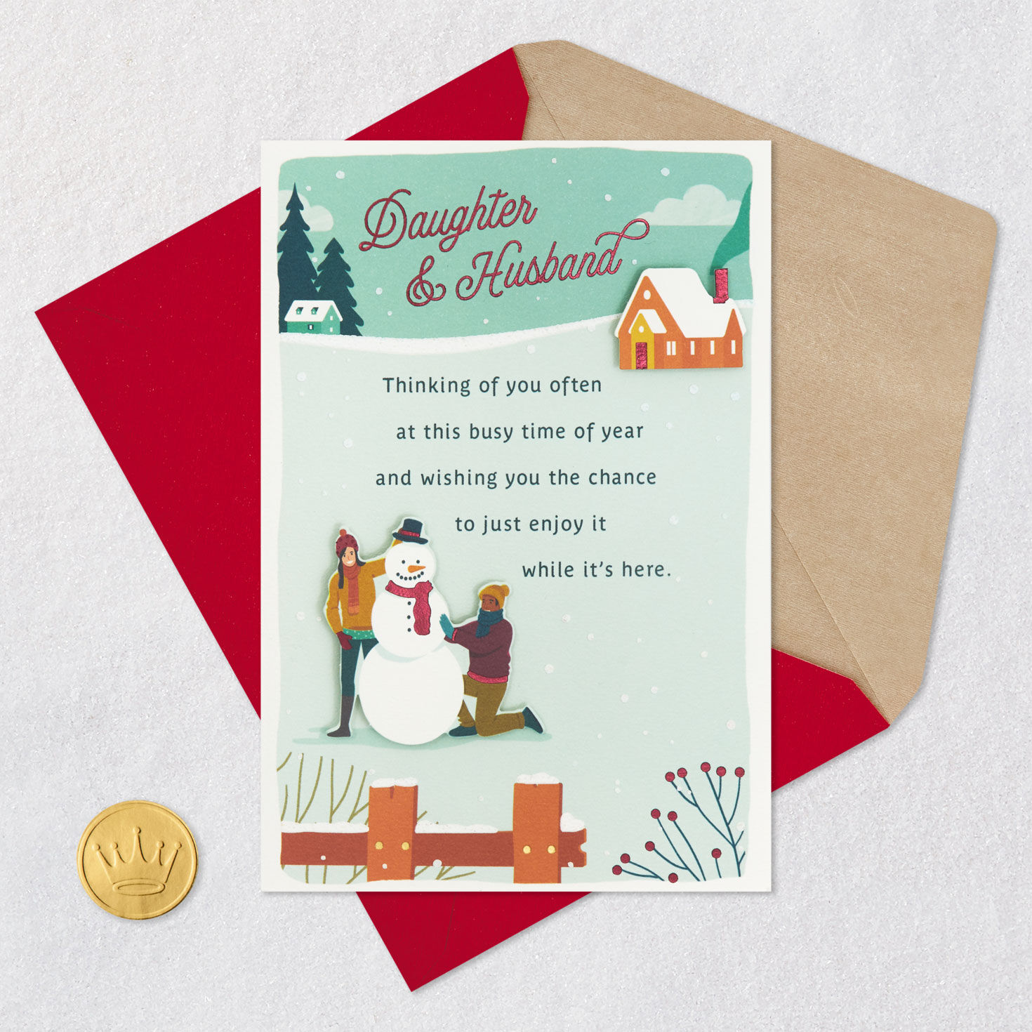 Couple Building Snowman Daughter and Husband Christmas Card Card Front with Envelope and Gold Seal image number 7