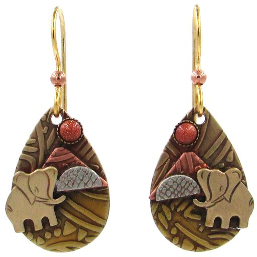 Elephant on Mixed Metal Teardrop Earrings, 