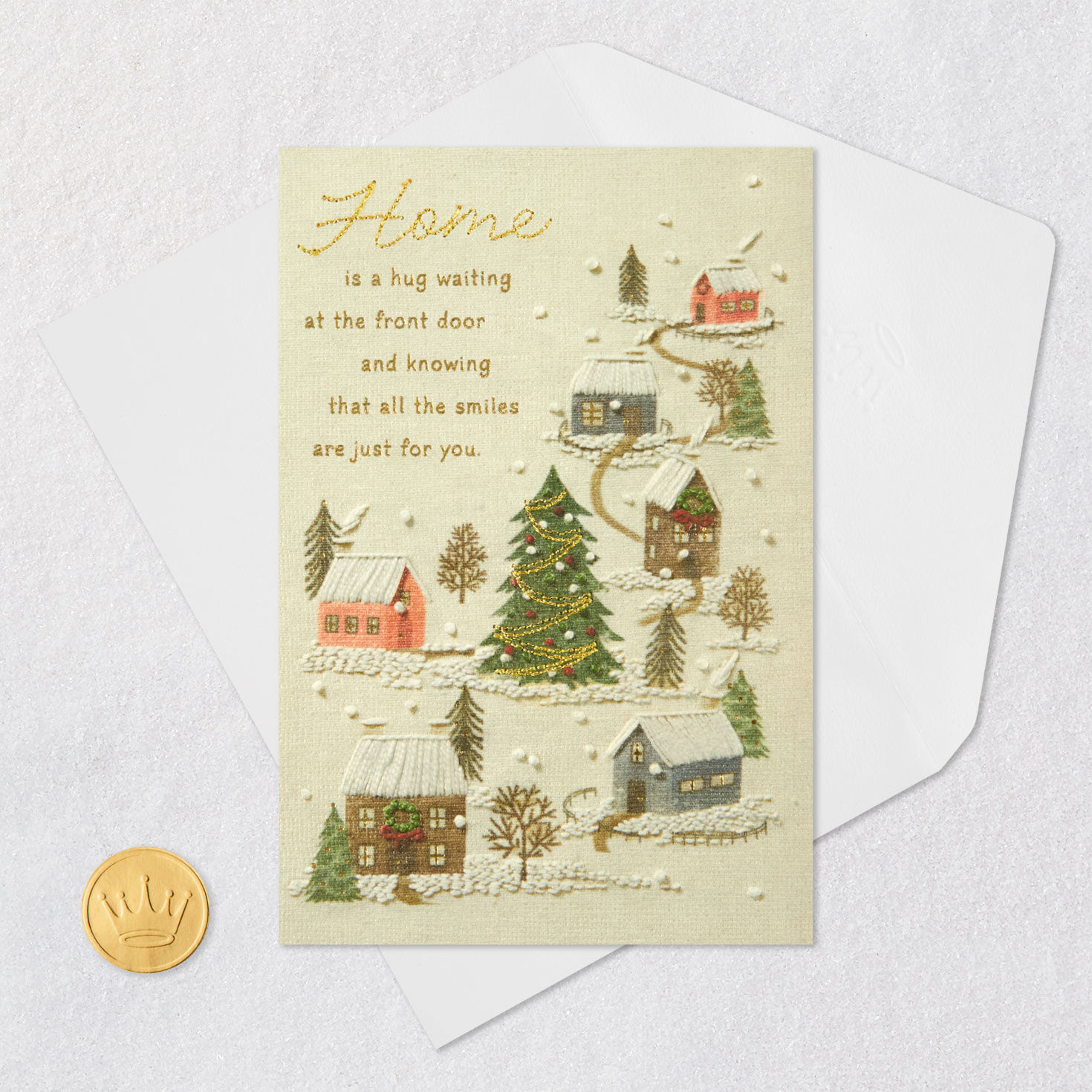 Vintage Embroidery Winter Scene Parents Christmas Card Card Front with Envelope and Gold Seal image number 7