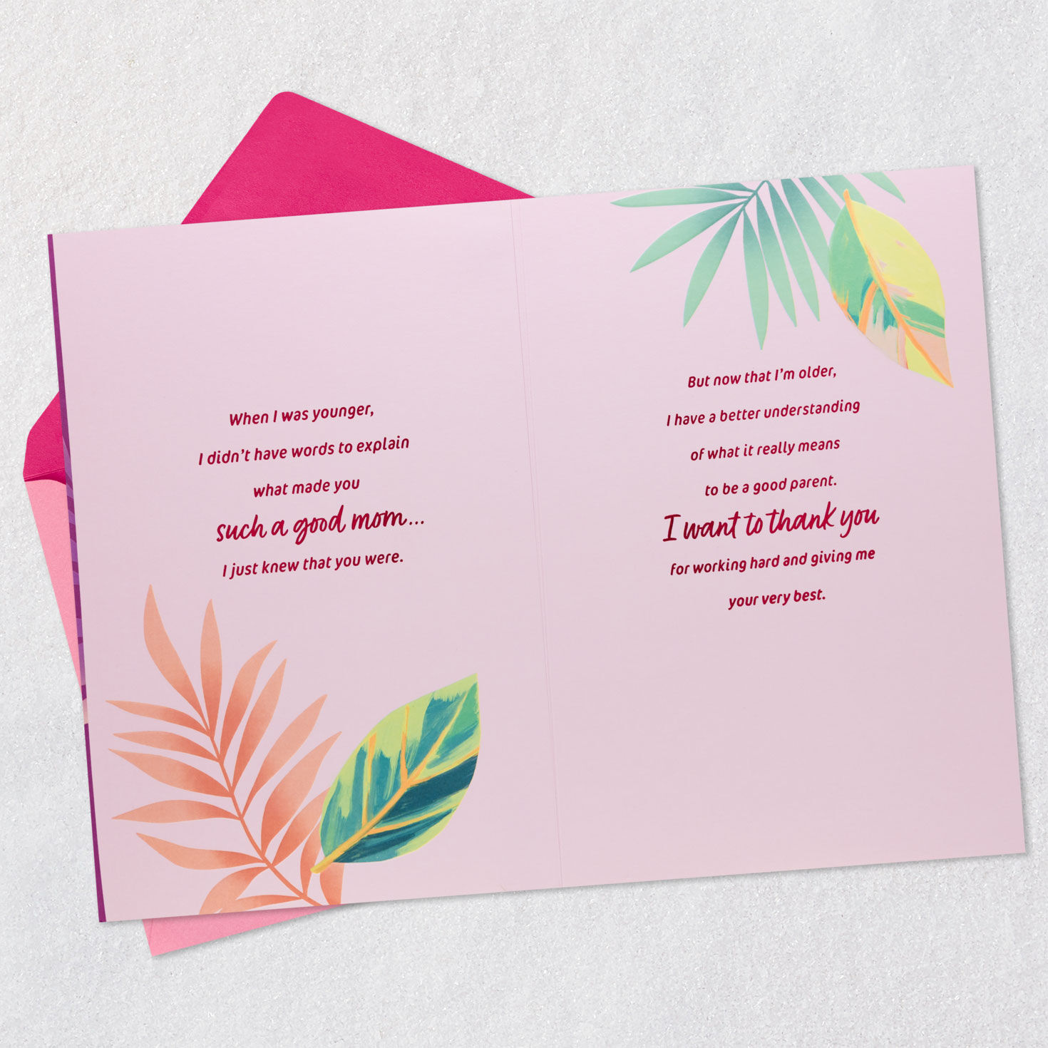 Tropical Leaves Mom Mother's Day Card From Son Open card with envelope image number 3